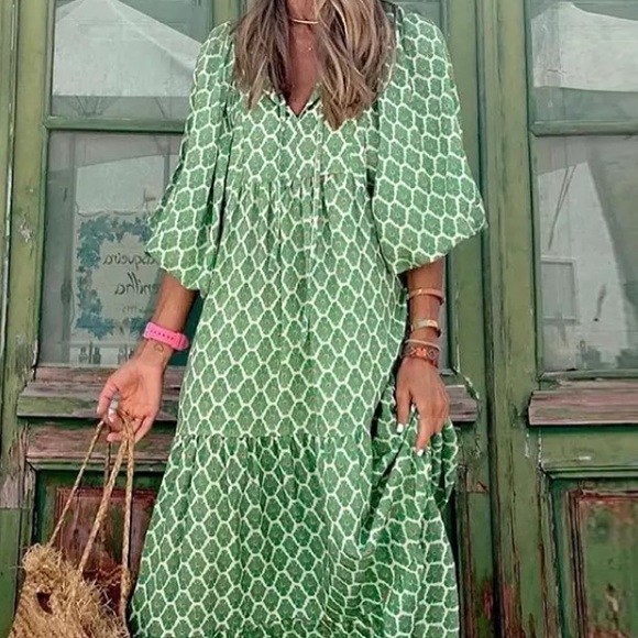 Dresses & Skirts - Cottagecore  Green & White maxi dress Puffed sleeve Boho  3 tiered mod floral